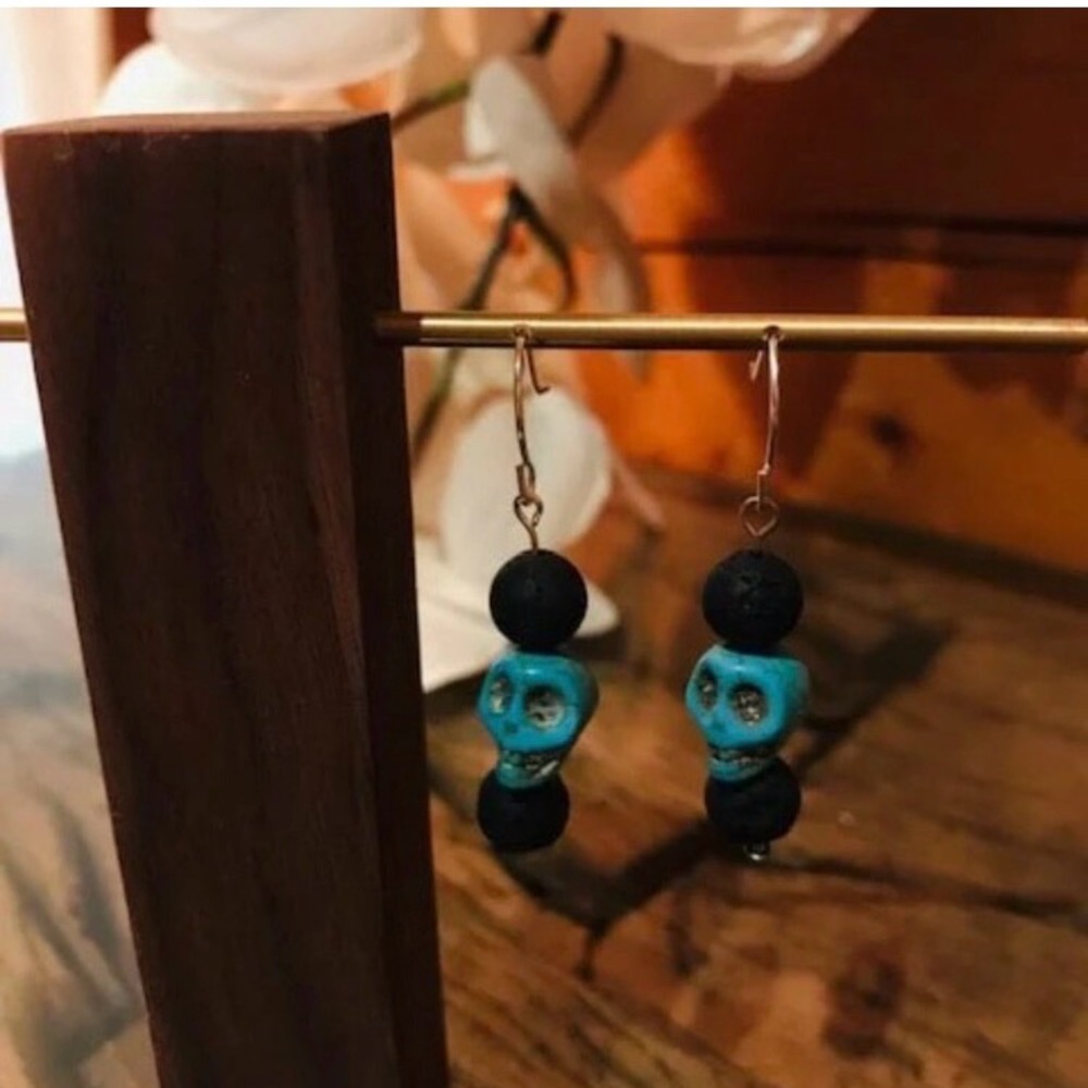 Turquoise and Black Skull Bead Earrings